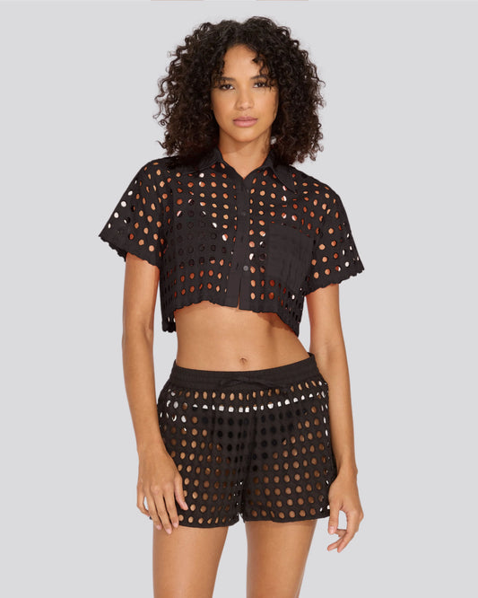 Eyelet Cropped Cabana Shirt Noir